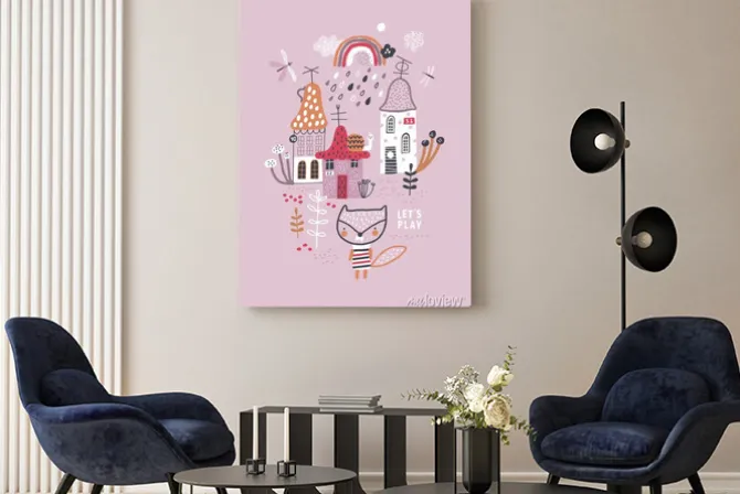 Obraz: Cute forest village. childish vector illustration with fox, mushrooms,