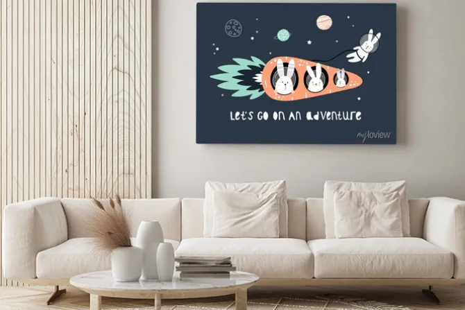 Obraz: Cute hares on a carrot rocket in space among the stars.