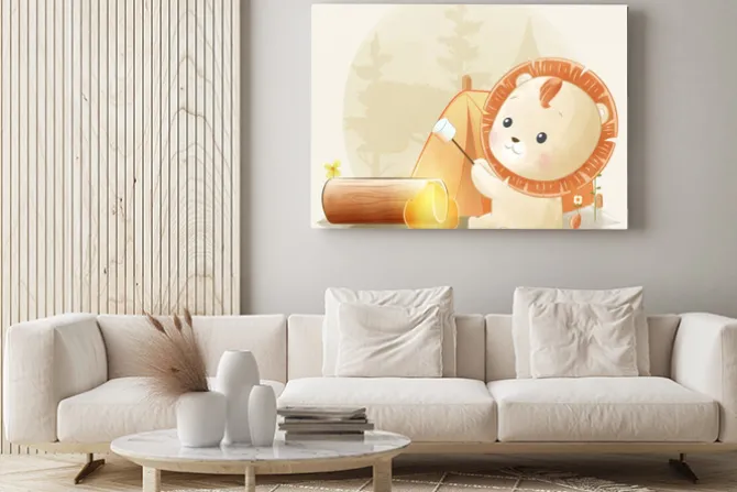Obraz: Cute little lion roasting marshmallow on campfire watercolor
