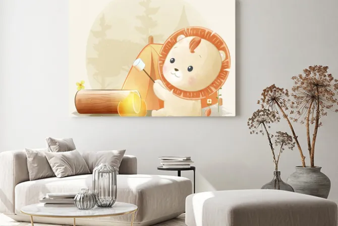 Obraz: Cute little lion roasting marshmallow on campfire watercolor