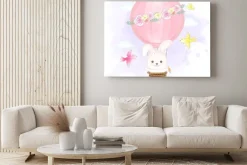 Obraz: Cute rabbit floating on hot air balloon and birds hand drawn