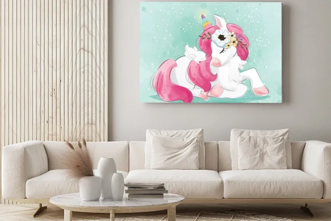 Obraz: Cute unicorn with little bunnies