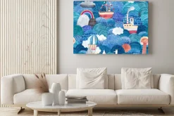 Obraz: Cute watercolor background with ships, reefs, balloon and clouds.