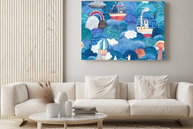 Obraz: Cute watercolor background with ships, reefs, balloon and clouds.