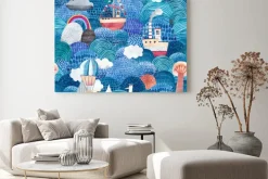 Obraz: Cute watercolor background with ships, reefs, balloon and clouds.