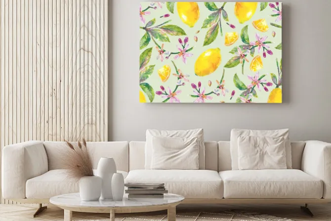 Obraz: Cytryny z zielonymi liśćmi, plasterkami cytryny, nasionami cytryny