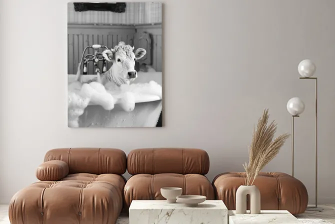 Obraz: Czarno-biały portret biała krowa w wannie surrealizm