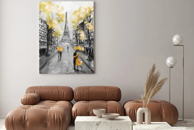 Obraz: Czarno-żółty pejzaż z widokiem na wieżę eiffla
