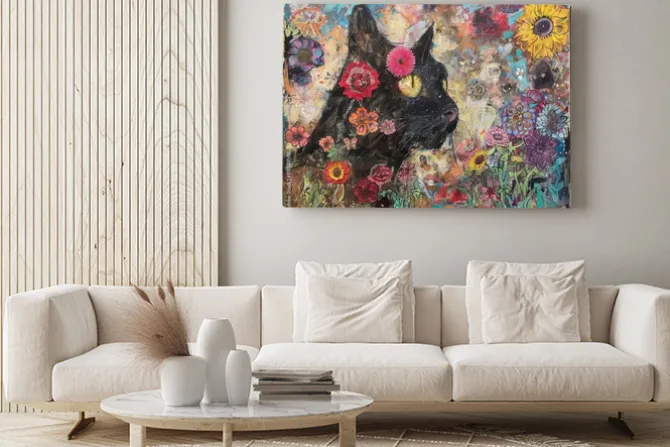 Obraz: Czarny kot w polu kwiatów