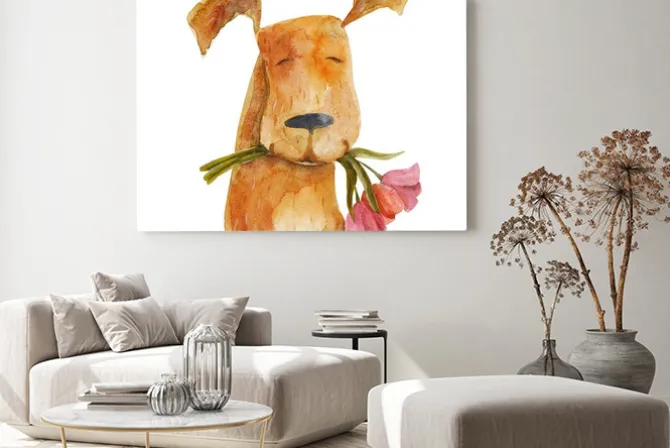 Obraz: Czerwony pies z kwiatami. akwarela ilustracji. rysunek ręczny