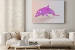 Obraz: 3d różowy low poly (delfin) wewnątrz białym scenie z wysokiej