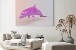 Obraz: 3d różowy low poly (delfin) wewnątrz białym scenie z wysokiej