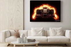 Obraz: 3d samochód wyścigowy z ognistym efektem eksplozji