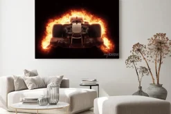 Obraz: 3d samochód wyścigowy z ognistym efektem eksplozji