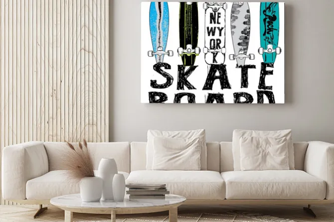 Obraz: Deskorolki i czarny napis na białym tle