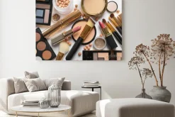 Obraz: Different luxury makeup products on white background, top view