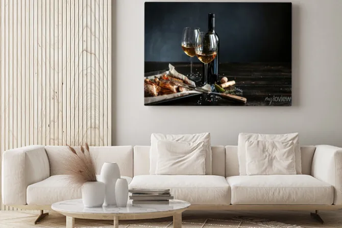 Obraz: Dinner concept for two. two glasses of white wine, baked fish.