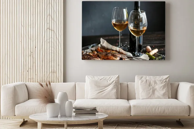 Obraz: Dinner concept for two. two glasses of white wine, baked fish.