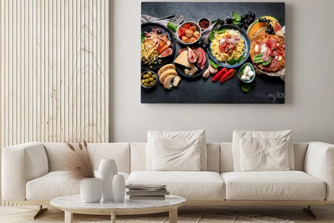 Obraz: Dinner table of italian meals dishes.