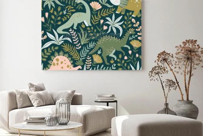 Obraz: Dinozaury wśród liści i kwiatów