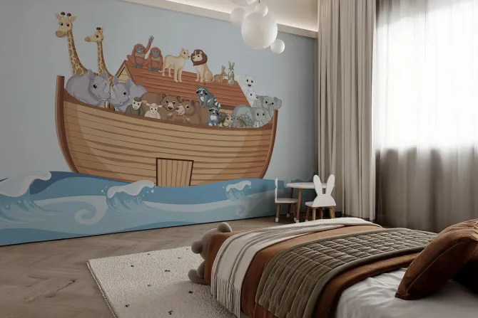 Obraz: Łódka pełna zwierząt bujająca na falach