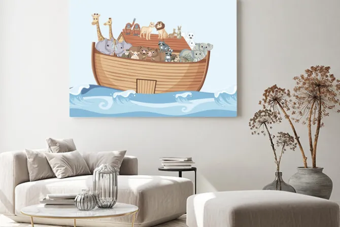 Obraz: Łódka pełna zwierząt bujająca na falach