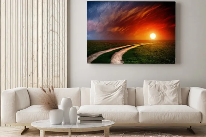 Obraz: Droga w polu z chmury i słońce zaszło