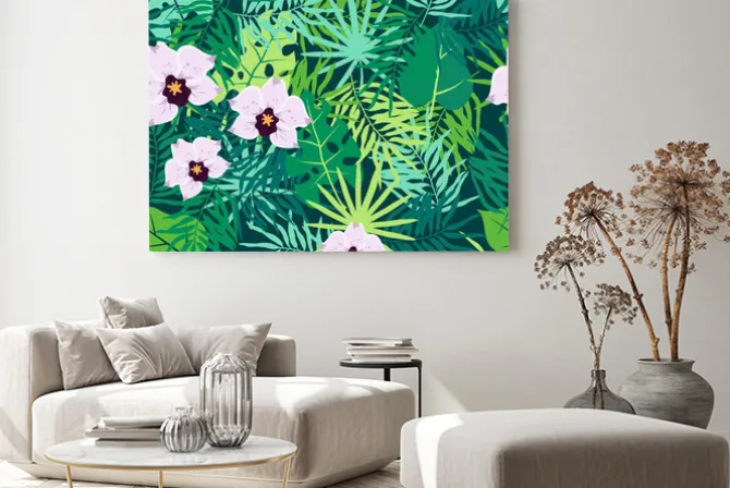 Obraz: Dżungla szwu z tropikalnych liści i orchidei.