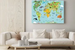 Obraz: Dziecięca mapa świata z nazwami kontynentów i zwierzętami