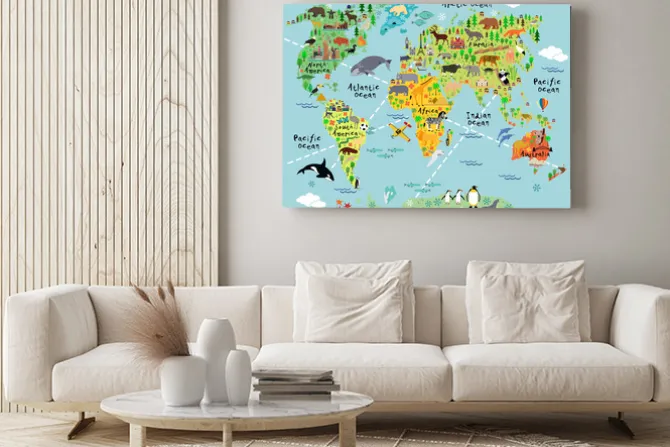 Obraz: Dziecięca mapa świata z nazwami kontynentów i zwierzętami