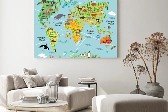 Obraz: Dziecięca mapa świata z nazwami kontynentów i zwierzętami