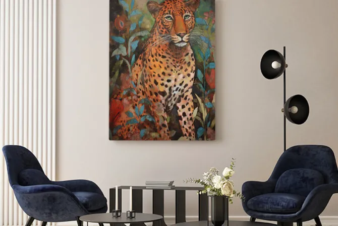 Obraz: Dziki kot gepard wśród barwnych roślin