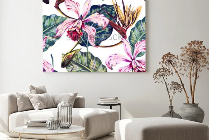 Obraz: Egzotyczne kwiaty i liście w stylu akwareli