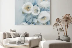 Obraz: Eleganckie złoto-białe kwiaty na błękitnym tle