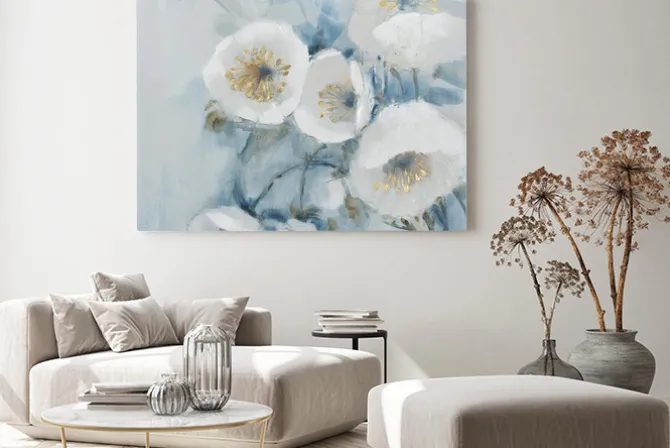 Obraz: Eleganckie złoto-białe kwiaty na błękitnym tle