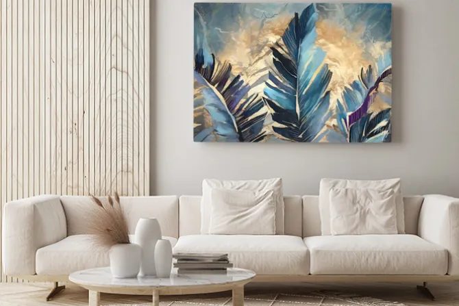 Obraz: Exotic oil painting with navy blue, gold leaves. botanic print