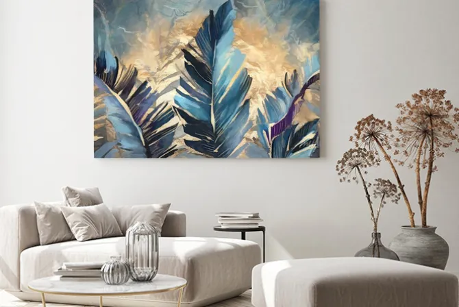 Obraz: Exotic oil painting with navy blue, gold leaves. botanic print
