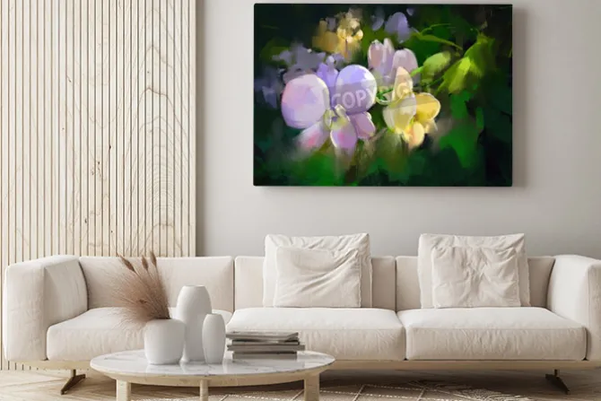 Obraz: Fioletowe i żółte storczyki w stylu malarskim