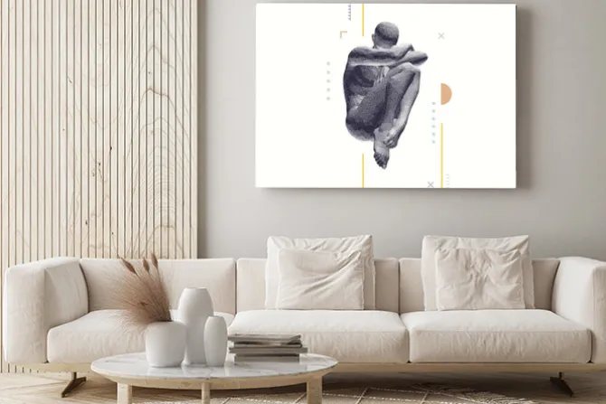 Obraz: Full length view of sad stressed man sitting with hands on knees.