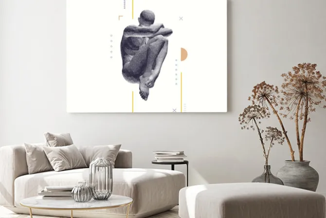 Obraz: Full length view of sad stressed man sitting with hands on knees.