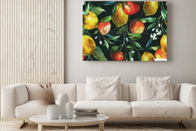 Obraz: Gałązki cytryn i pomarańczy na czarnym tle