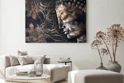 Obraz: Głowa buddy z profilu ze złotymi kwiatami i mandalą na ciemnoszarym