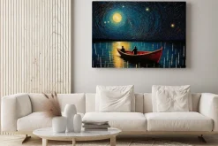 Obraz: Gwieździsta noc krajobraz z morzem i łódką