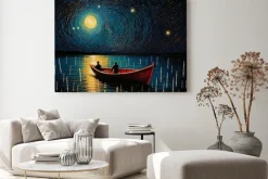 Obraz: Gwieździsta noc krajobraz z morzem i łódką