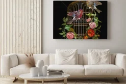 Obraz: Haft ptaków i ptaków klatka i kwiaty wektor. klasyczny haft gil