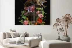 Obraz: Haft ptaków i ptaków klatka i kwiaty wektor. klasyczny haft gil