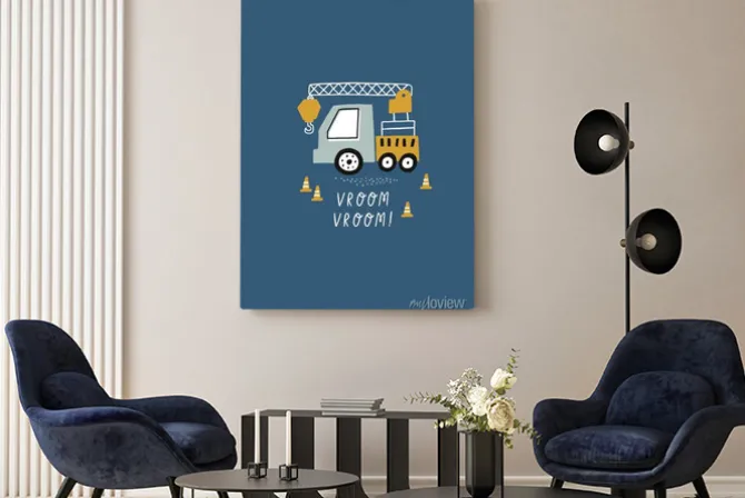 Obraz: Hand drawn cute cars - truck, tractor, cargo crane, bulldozer,