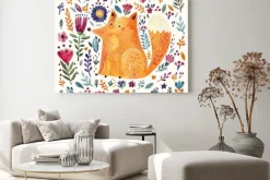Obraz: Hand drawn illustration with cute fox, flowers and leaves. spring