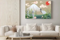 Obraz: Illustration with mountain, crane, lotuses and lanterns