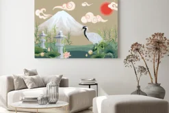 Obraz: Illustration with mountain, crane, lotuses and lanterns